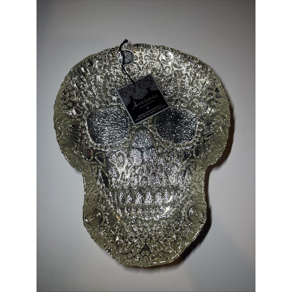 Artistic Accents Hand Decorated Genuine Skull Black Silver Dish Ashtray Bowl